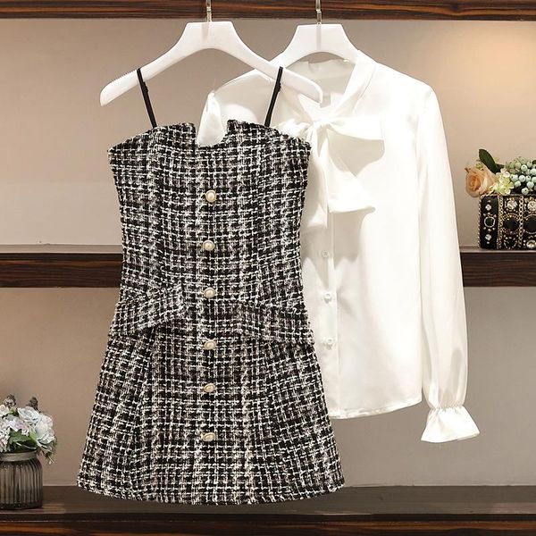 

two piece dress elegant women 2 set chiffon shirt woolen tweed tassels sundress vest suit large plus size and blouse, White