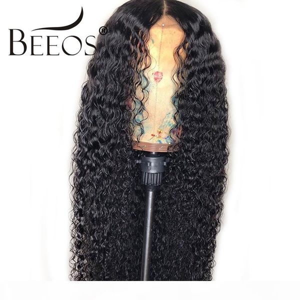 

beeos brazilian remy curly 13*4 lace front human hair wigs bleached knots deep parting wig pre plucked with baby hair for women, Black