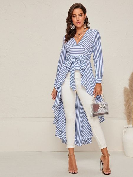

high low hem belted striped s2n9#, White