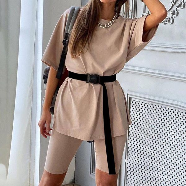 

summer women set o neck loose short sleeve oversize shirt and biker shorts casual two piece sets white outfit khaki suit, Gray