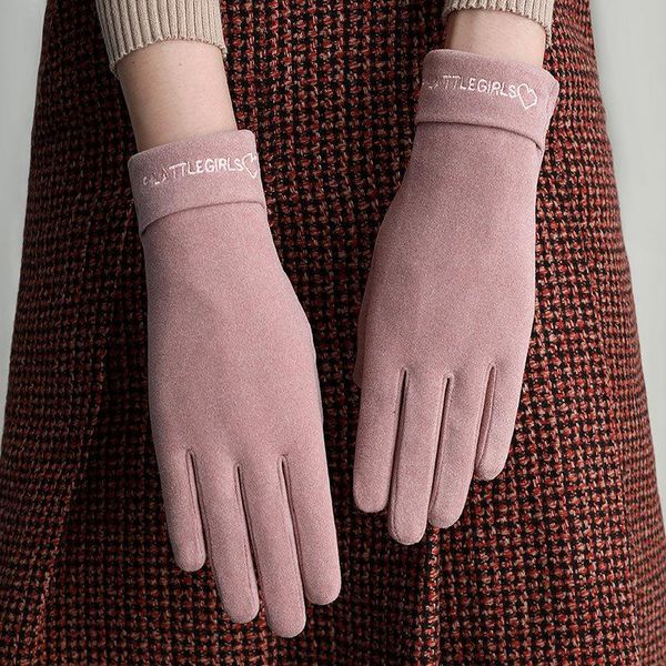

five fingers gloves 2021 winter warm women' outdoor driving cycling fashion embroidery touch screen printing plus velvet windproof, Blue;gray