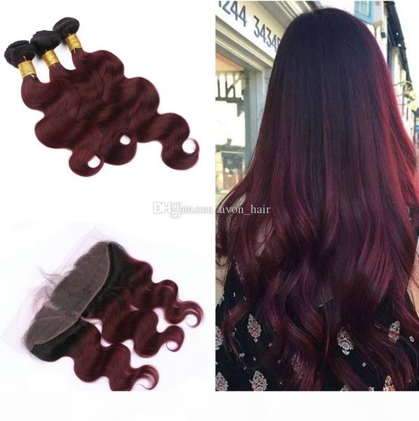 

13x4 full lace frontal with ombre 3 bundles body wave hair extension wine red 1b 99j hair bundles with lace frontal, Black;brown