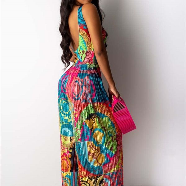 

s-3xl women v-neck print spaghetti strap jumpsuits summer casual loose open back sleeveless floor-length jumpsuit, Black;white