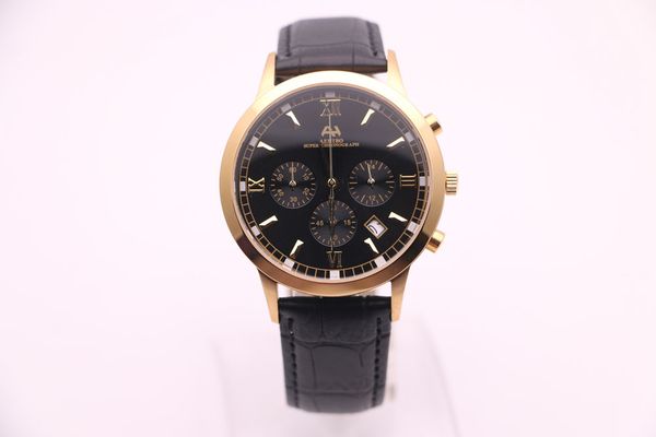 

gold case aehibo quartz battery men watch watches 43mm blue dial chronograph hardlex mens wristwatches black leather strap pin a2 bucklet, Slivery;brown