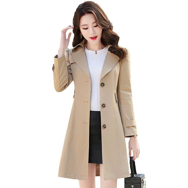 

springtime 2021 single breasted mid-long trench coat female solid chic elegant blunt outwear plus size 5xl d44 jrfl, Tan;black