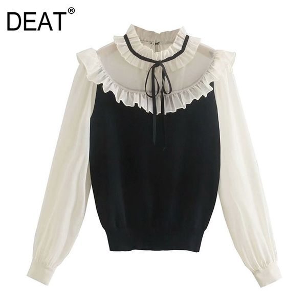 

[deat] spring autumn fashion round neck long sleeve splicing hard yarn knitting loose sweater women 13c225 210527, White;black