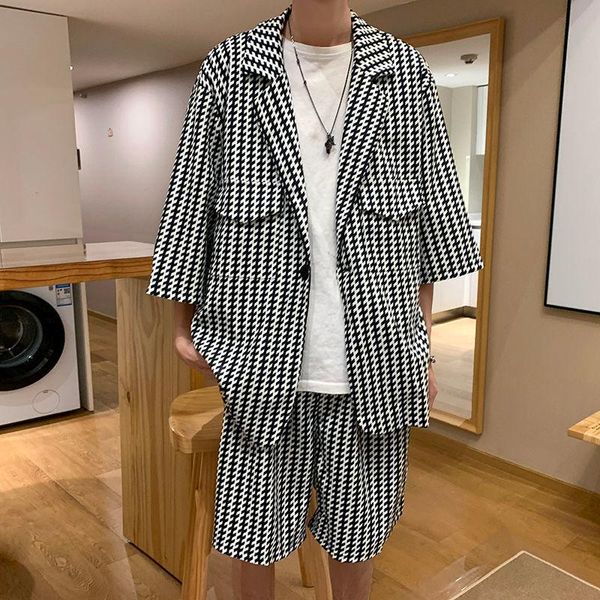 

men's tracksuits suits high-level sense of fried fashion trend printed street shooting three-quarter sleeve jacket short 2-piece set su, Gray