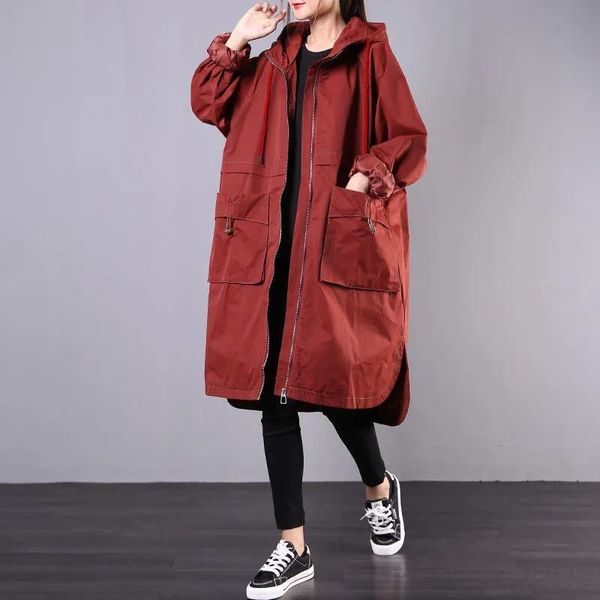

women's trench coats 2021 spring autumn fashion coat women loose oversize 2xl mid-length overcoat female retro casual hooded windbreake, Tan;black