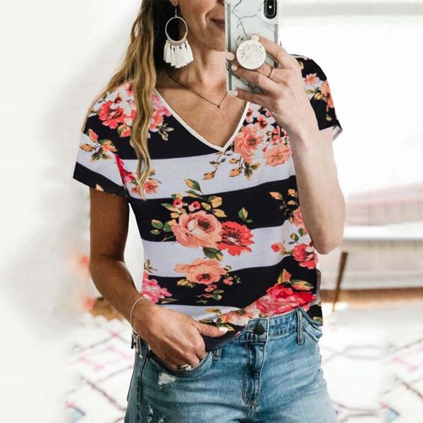 

women's t-shirt summer women multicolor floral stripe splicing v-neck short sleeve t-shirts casual harajuku basic tee shirt femme, White