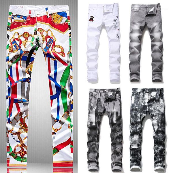 

fashion men floral pant casual denim skinny jeans slim fit pants men's, Black