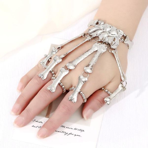 

beaded, strands 2021 gothic punk halloween skull finger bracelets women's skeleton bone hand bracelet nightclub fashion jewelry, Black