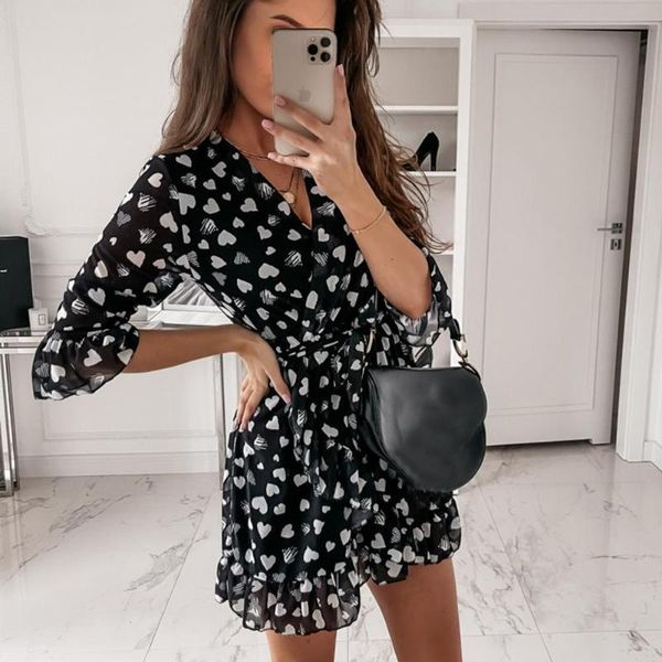 

casual dresses summer vintage female heart print short dress deep v neck loose 3/4 flounced sleeve waist tight gauze ruffle dating mini, Black;gray
