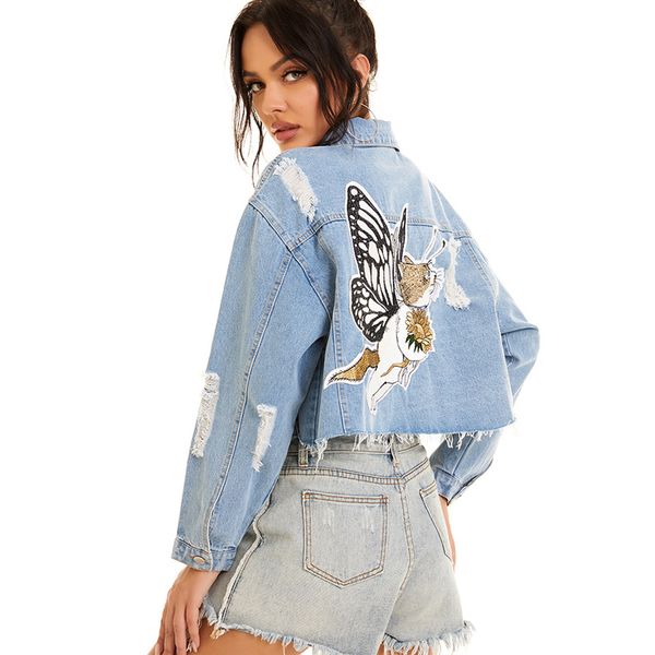 

2021 denim cotton butterfly cowboy jacket women short coat hole tassels autumn chic design long sleeve waistless casual 7632, Black;brown