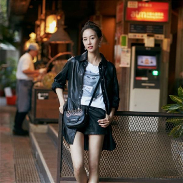 

2021 female spring genuine sheep leather e32 jacket r3sc, Black;brown