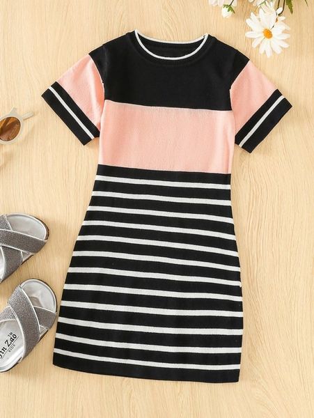 

toddler girls striped print colorblock dress she, Red;yellow