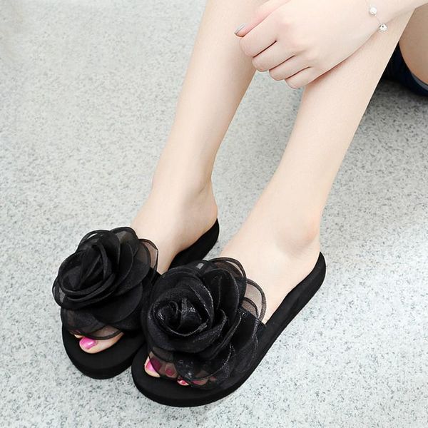 

slippers 2021 summer beauty students ladies sandy beach flops stretch fabric lace with chiffon flowers women silk sandals 33-42, Black