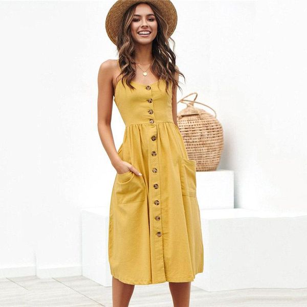 

casual dresses button pockets womens vestidos v-neck bohemia backless party dress 2021 solid, Black;gray