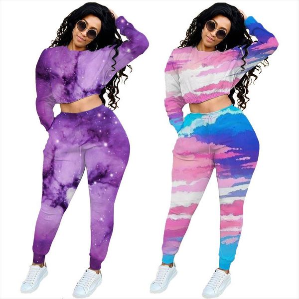 

starry sky tie dye womens pants tracksuit two pieces sets autumn long sleeve pullover sweatshirt lacing drawstring harem pant outfit, White