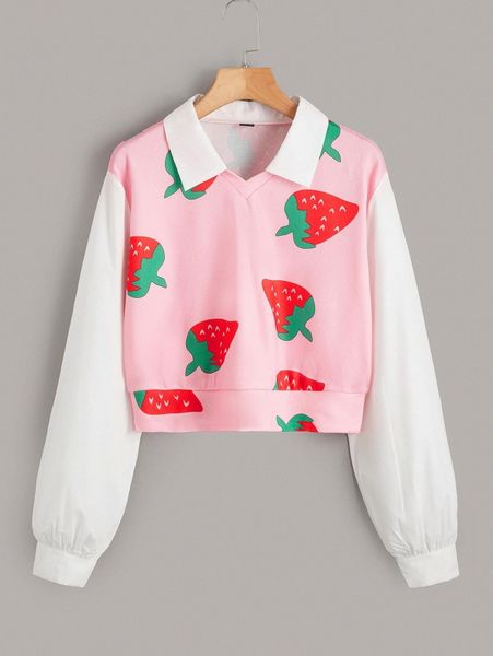 

strawberry print color block blouse d5wy#, White