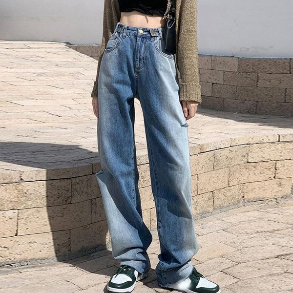 

women's jeans gradient ripped women full length high waist hole mopping denim trousers girls streetwear casual baggy wide-leg pants, Blue