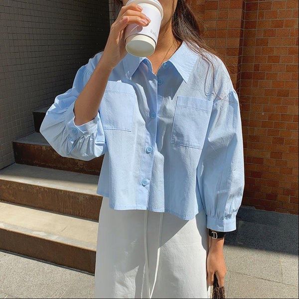 

women blouse korean style chic single breasted turn down collar loose solid color ladies femme casual blusas mujer de moda, White