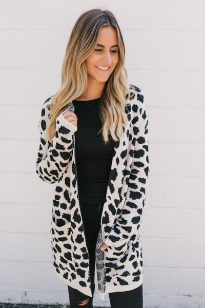 

women's sweaters long knitted cardigan fashion fall 2021 women plus size dot printing leopard open stitch winter coats, White;black