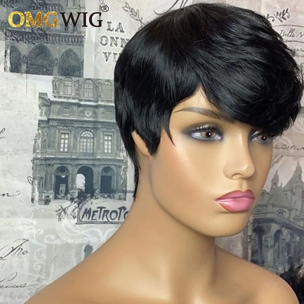 

short pixie cut wig black colored remy brazilian human hair wigs wavy lace front wigs with bangs, Black;brown