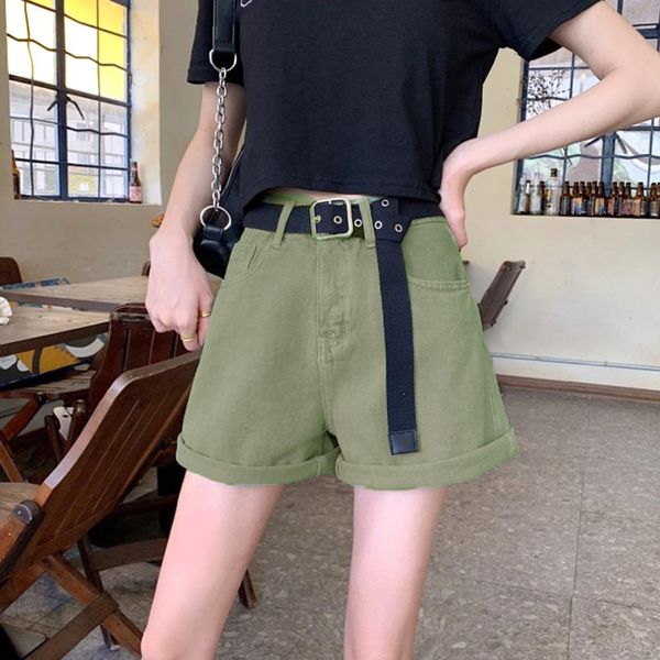 

casual shorts women high waist denim shorts with pocket denim shorts for women wide leg femme with belt, Gray