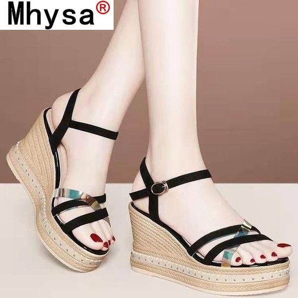 

sandals style women ankle buckle wedge woven soles fashion shoes thick-soled summer open-toe woman, Black