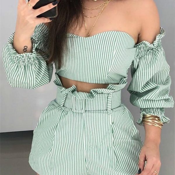 

striped off shoulder frill hem & shorts set women 2 piece outfits, White;black