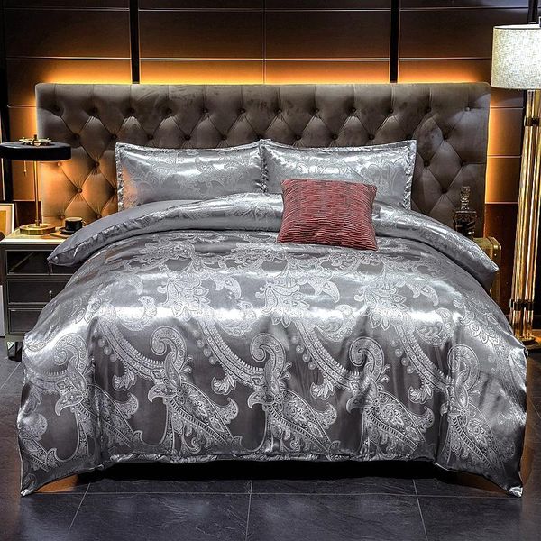

bedding sets luxury jacquard soft satin silky down cover pillowcase set with zipper seal, silver grey, medium size double bed