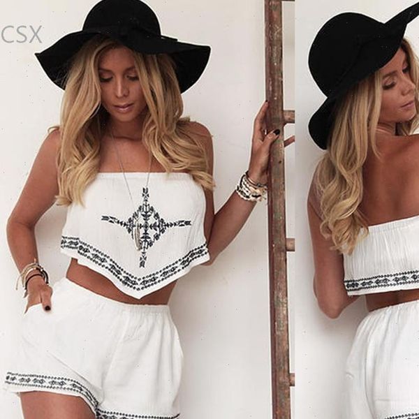 

mwoiiowm summer style women two piece set strapless backless printed irregular crop elastic waist shorts set 63, Gray