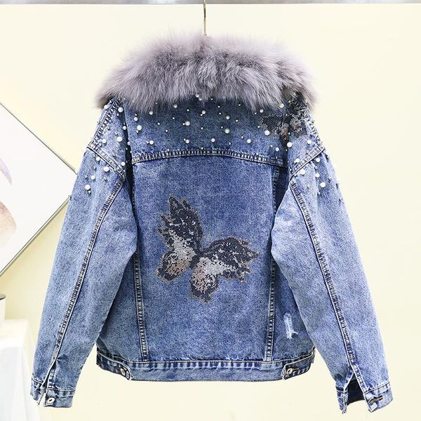 

women's jackets [ewq] 2021 winter female fur collar single breasted beading print minimalist loose cotton heavy denim jacket cardigan c, Black;brown