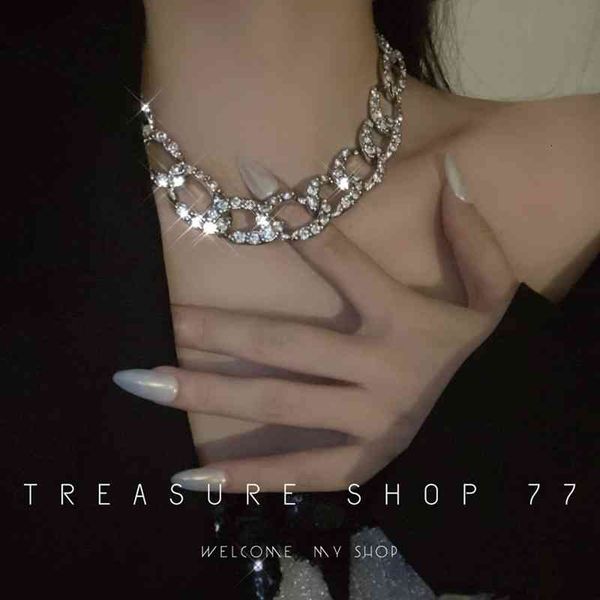 

yuppie fashionable, sexy, full diamond wide edge thick chain, light luxury short necklace, nightclub cuba chain tide, Silver
