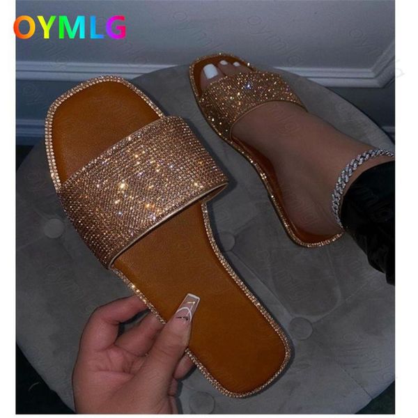

slippers 2021 summer style flat-bottomed female rhinestone beach sandals 36-43 size zapatillas de mujer, Black
