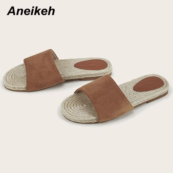 

aneikeh 2021 fashion flock women shoes summer flat with basic peep toe slippers shallow concise casual outside black size 35-41