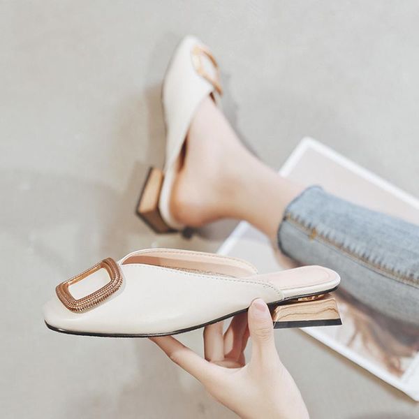 

slippers women's casual slip on british shoes 2021 ladies summer women female mid heels mules fashion comfortable footwear, Black