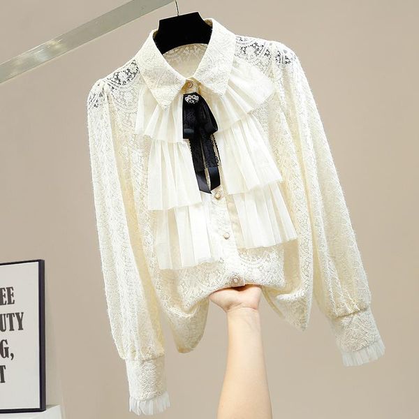 

lace bow shirt women diamond hollow single-breasted blusas office lady all-match nancylim white apricot 2021