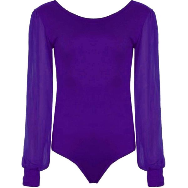 

women ladies casual solid color long sleeve crew neck slim skinny mesh puff sleeve club bodysuits leotard rompers, Black