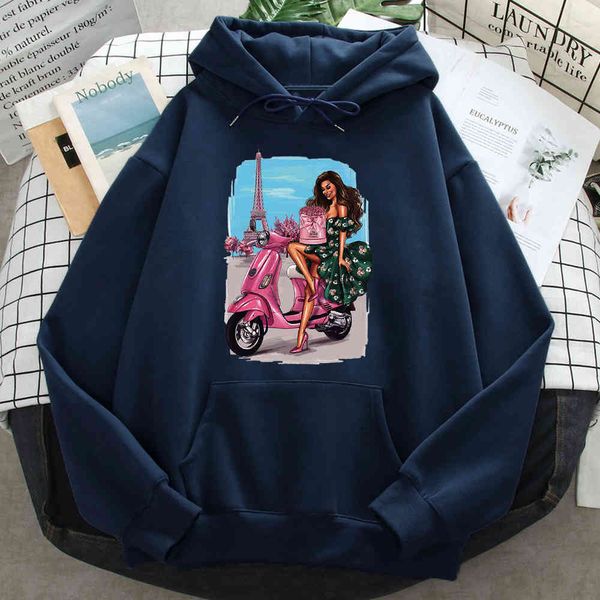 

paris - sweatshirt, male and female cartoon pattern, casual wool sweater, pocket, hip-hop style, retro, autumn, Black
