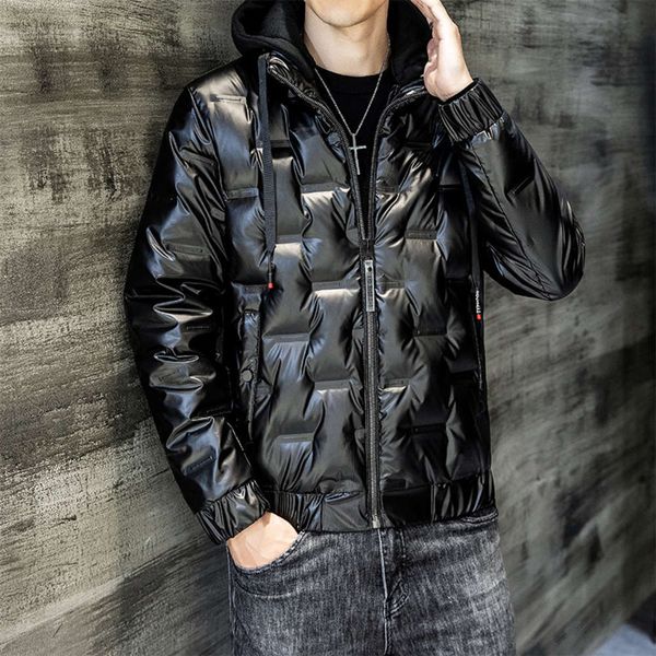 

white duck down jacket men's thickened new fashion brand bright face hooded jacket in 2020w, Black