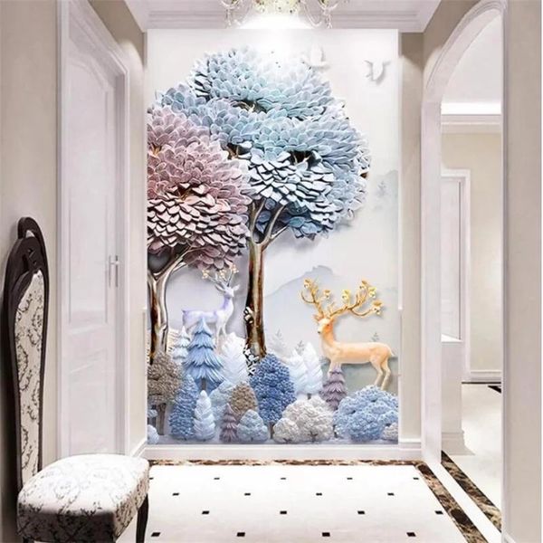 

wallpapers custom po self adhesive 3d modern relief rich tree elk european style porch decorative painting papel de parede