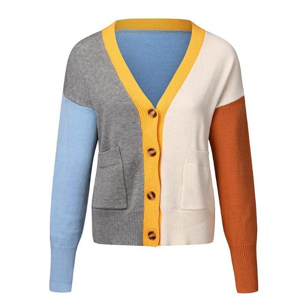 

women's jackets light autumn jacket women color splicing sweater button v-neck female knitting chaqueta mujer automne#g30, Black;brown