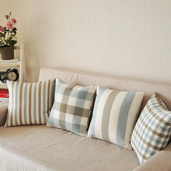 

cushion/decorative pillow 30x45/40/45/50/55cm simple cotton linen plaid cushion cover white blue bbrown case sofa striped pattern wasit