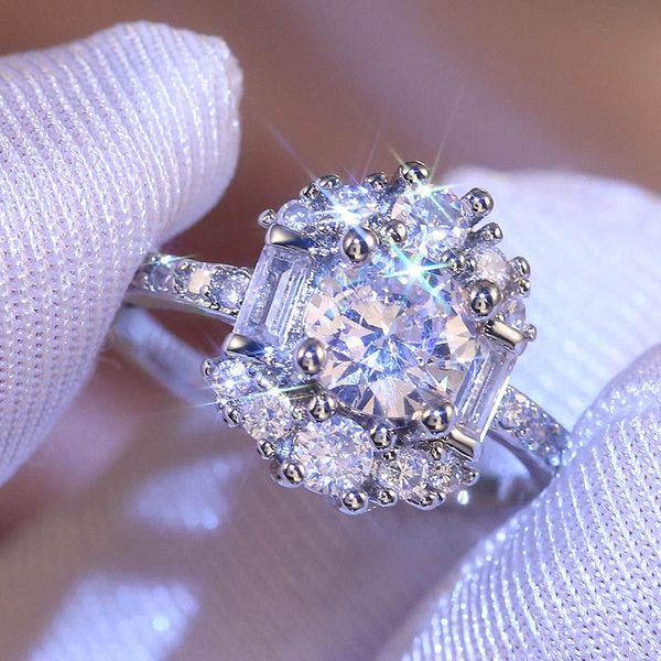 

cluster rings clear round stone anniversasry for women luxury pave crystal jewelry ring engagement gift accessories, Golden;silver