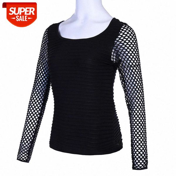 

Sexy Hollow Out T shirts See Troug Mesh Patchwork Tee Shirts Female Long Sleeve Turn Down Collar Tee Tops WDC3208 #pI69, White