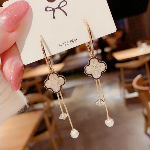 

women's earrings s925 silver needle four-leaf clover long tassel temperament and fashion all-match earrings, Golden;silver