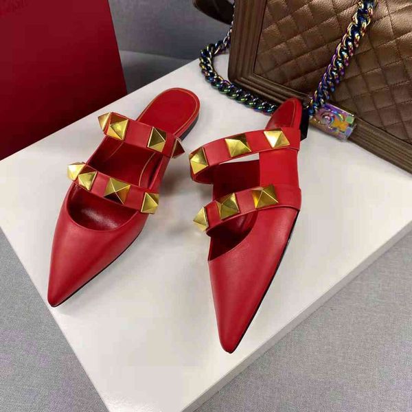 

80% off store online vallu 2021 summer new style full leather, high-end rivetsflat-bottomed pointed toe casual and0 versatile fashion female, Black