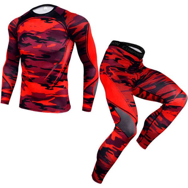 Mens Sport Running Set Compressione T-Shirt + Pantaloni Skin-Tight Maniche lunghe Fitness Rashguard MMA Abbigliamento da allenamento Palestra Tute da yoga Y1221