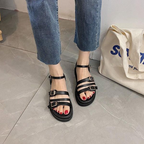 

sandals roman sandal fairy style platform shoes for 2021 summer student web celebrity fashion flats women, Black